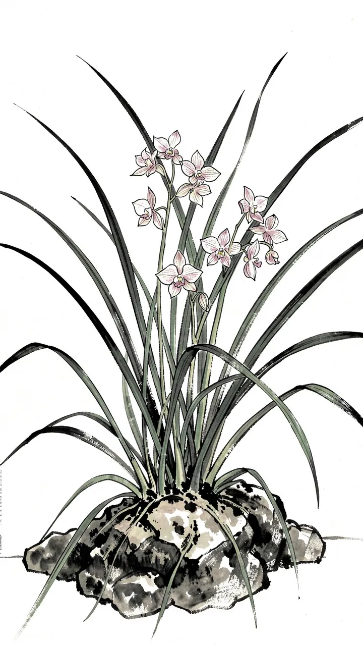 Vertical ink wash painting of wild orchids with slender leaves growing from a textured rock