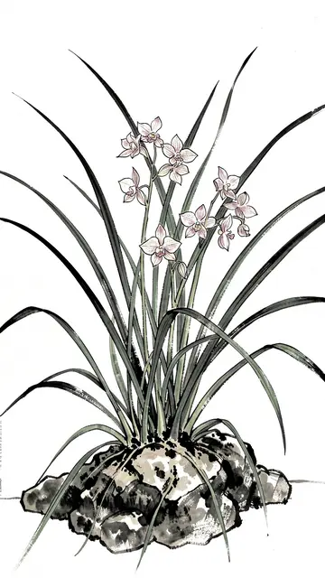 Vertical ink wash painting of wild orchids with slender leaves growing from a textured rock
