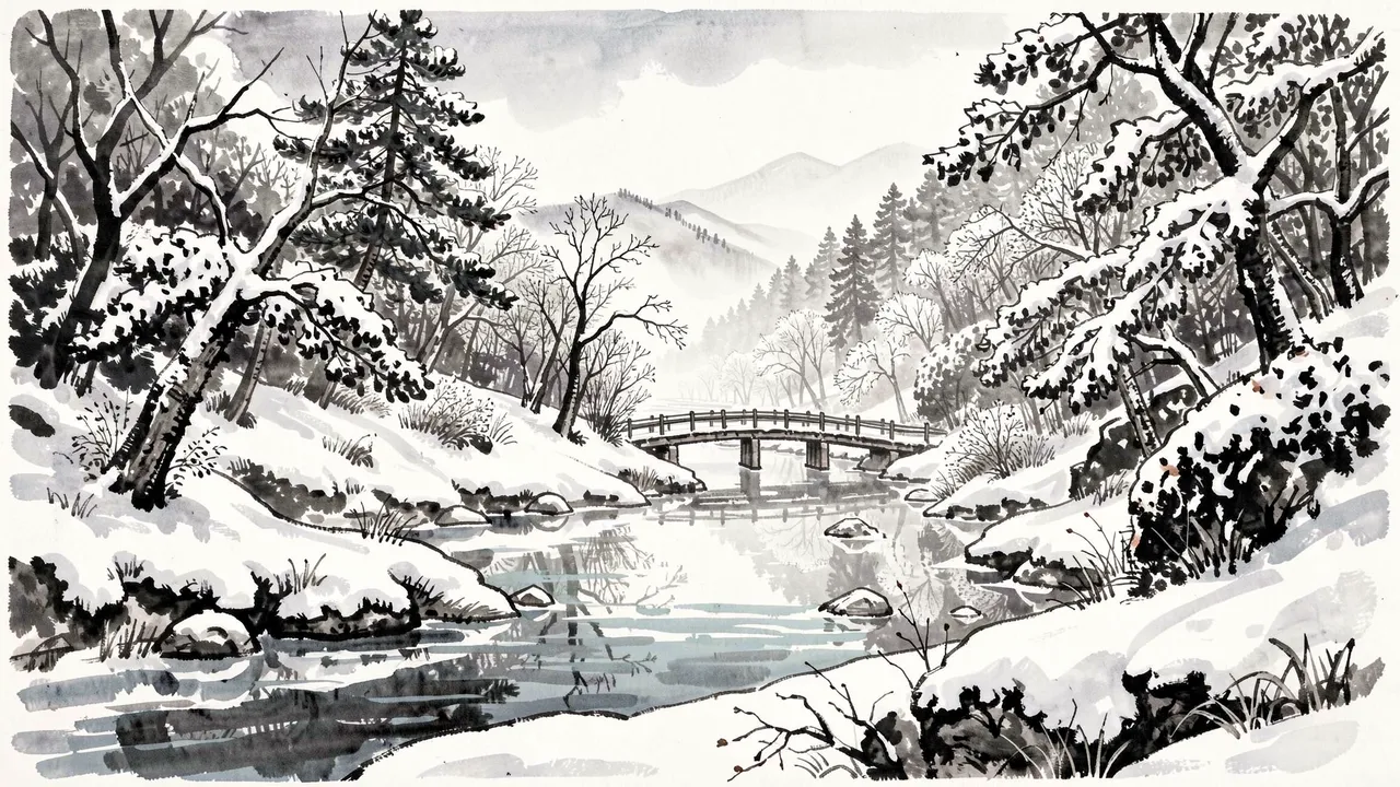 Traditional ink wash painting of a snow-covered river valley with a small wooden bridge and distant misty mountains