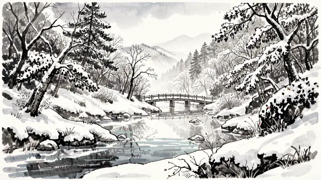 Traditional ink wash painting of a snow-covered river valley with a small wooden bridge and distant misty mountains