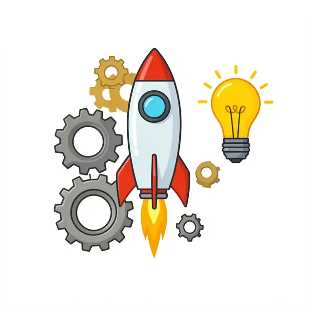 Flat illustration of a cartoon rocket, interlocking gears, and a glowing light bulb on a plain white background