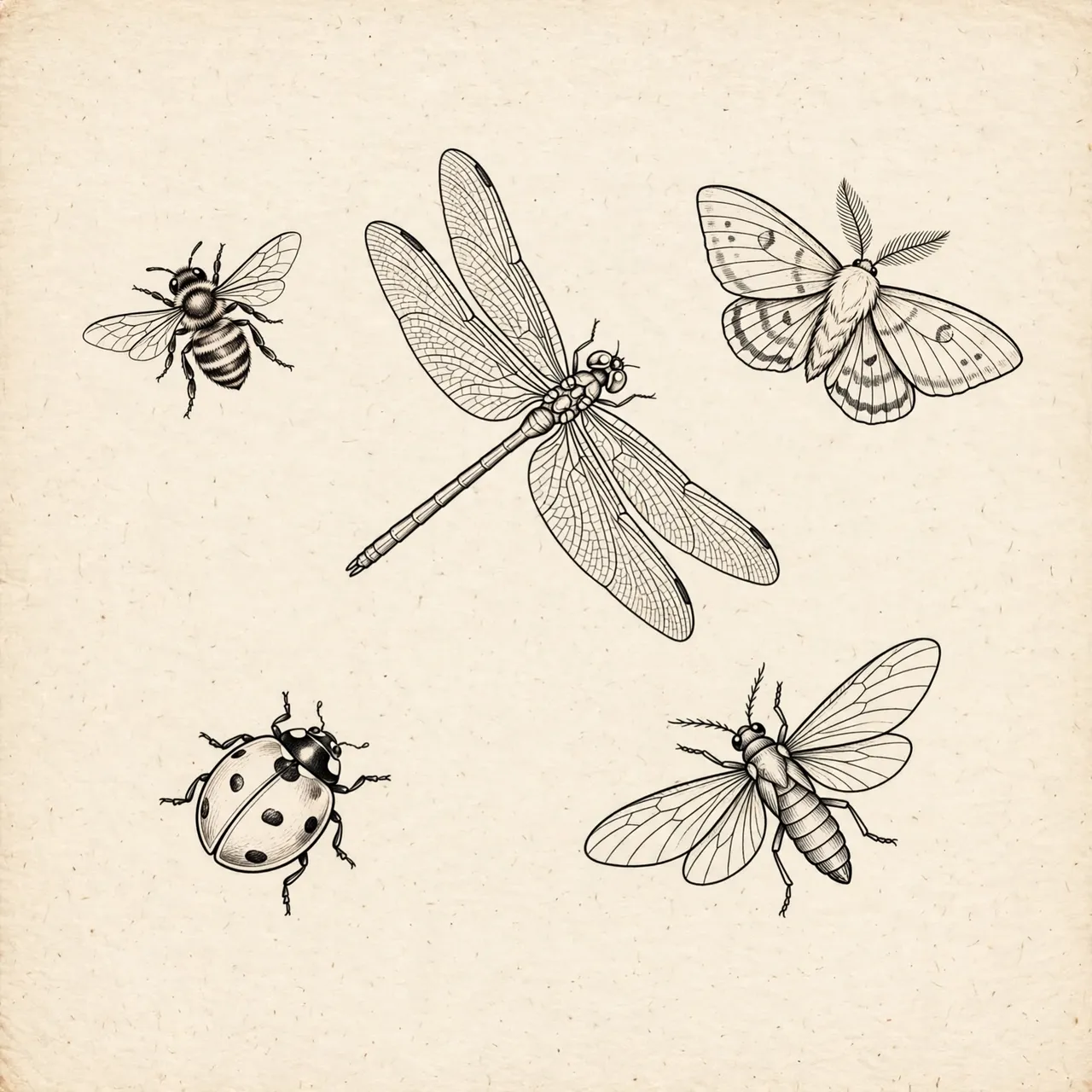 Fine line black ink illustrations of five insects arranged on textured cream paper