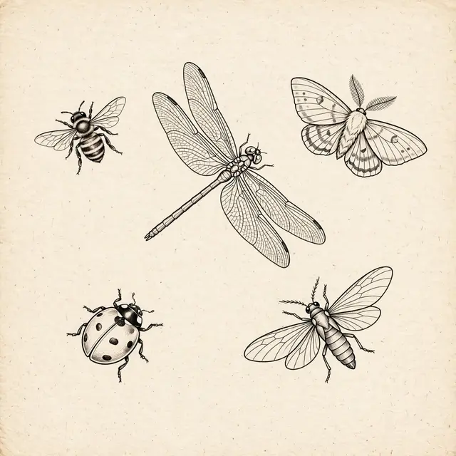 Fine line black ink illustrations of five insects arranged on textured cream paper