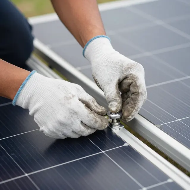 Close-up of gloved installer hands securing a bolt on a solar panel mounting rail