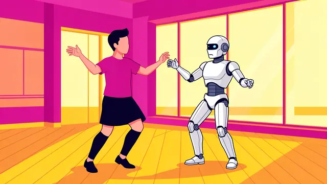 A faceless dance instructor demonstrates dance moves to a humanoid robot in a bright magenta and yellow studio