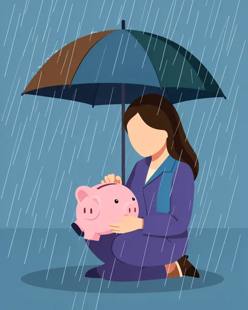 A faceless woman kneels holding a piggy bank sheltered under an umbrella during rain