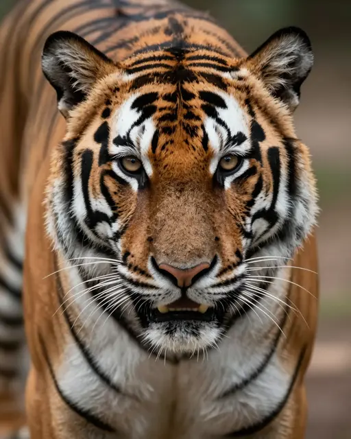 Close-up frontal portrait of a bengal tiger staring directly at the viewer with sharp focused eyes