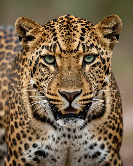 A close-up front-facing leopard with rosette fur and pale green eyes gazes directly at the viewer.