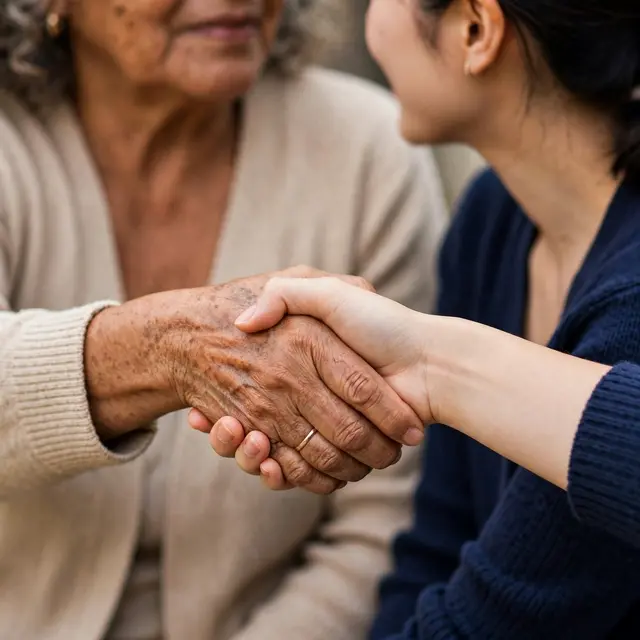 Two women in cardigans share a gentle handshake, with focus on their joined hands.