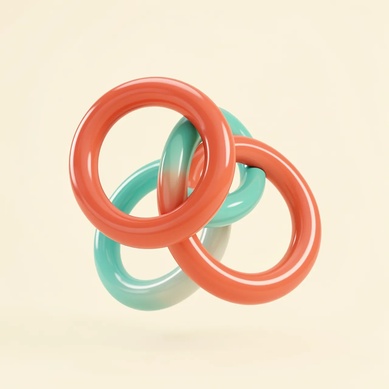 Glossy interlocking coral and teal 3D rings float on a soft cream background
