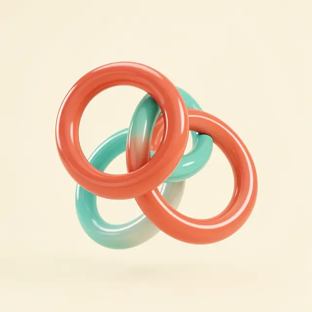 Glossy interlocking coral and teal 3D rings float on a soft cream background