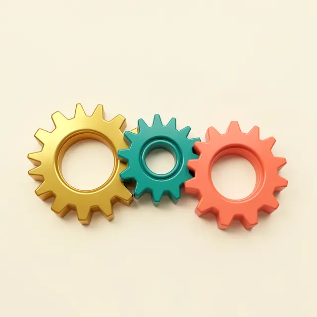 Three interlocking gold, teal and coral 3D gears rest on a plain cream background