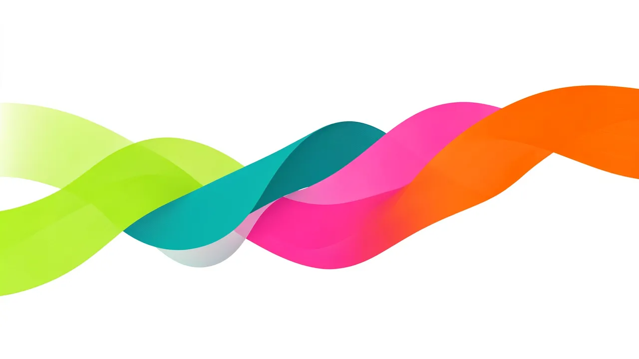 Two flowing translucent gradient ribbons twist past each other on a plain white background