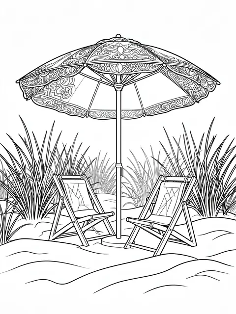Black and white line art of a decorative beach umbrella flanked by two deck chairs on sand dunes with sea oats