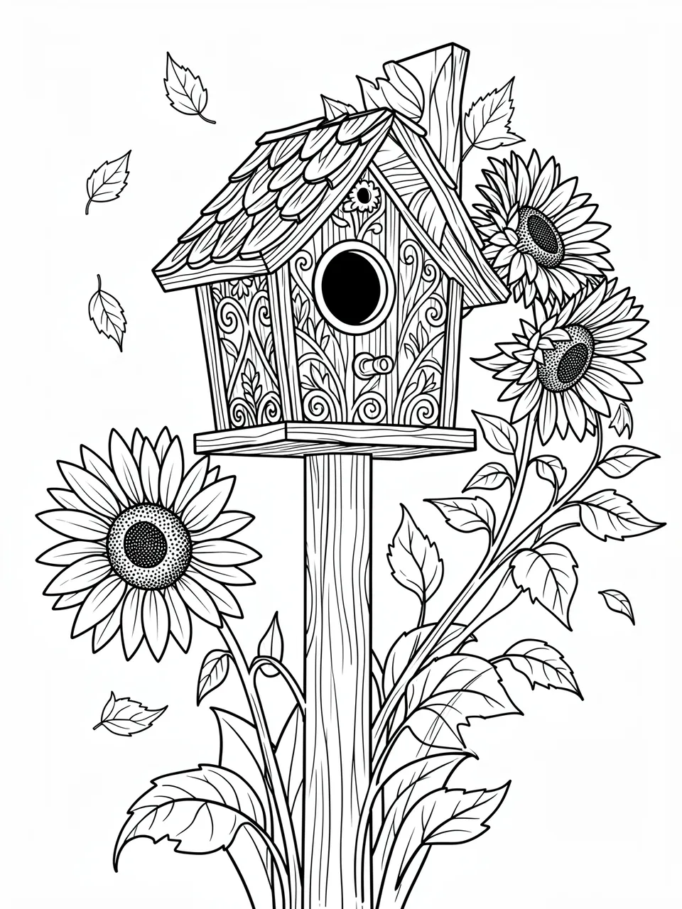 Black and white line art of a detailed post-mounted birdhouse surrounded by sunflowers and falling leaves on a plain white