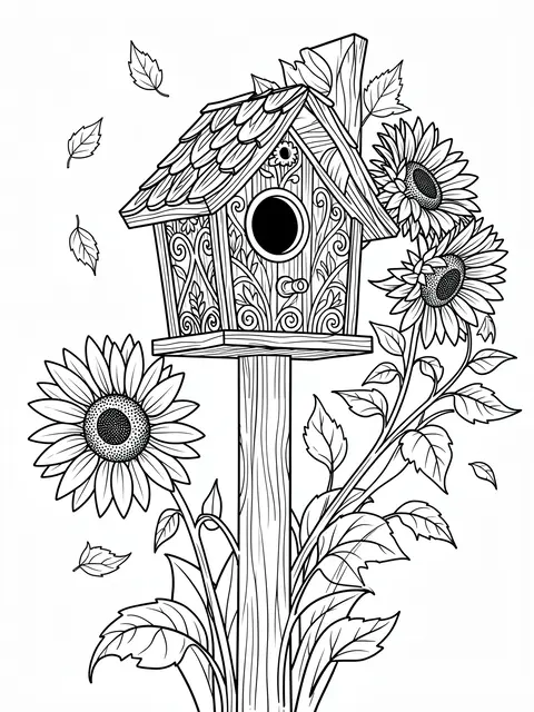 Black and white line art of a detailed post-mounted birdhouse surrounded by sunflowers and falling leaves on a plain white