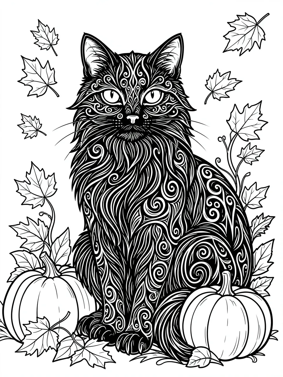 Black and white line art of an ornate patterned black cat flanked by pumpkins and falling maple leaves on a plain white