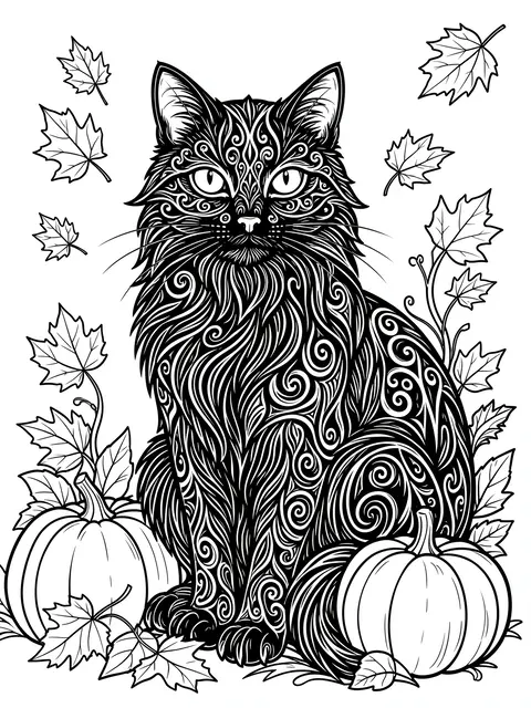 Black and white line art of an ornate patterned black cat flanked by pumpkins and falling maple leaves on a plain white