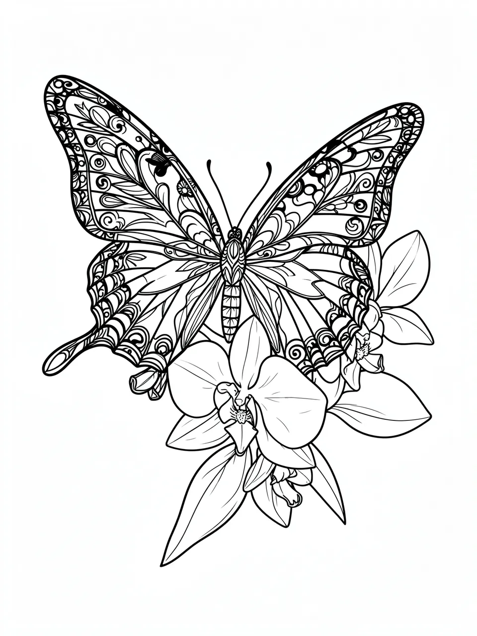 Detailed black and white line art of an ornate butterfly resting on a cluster of orchids