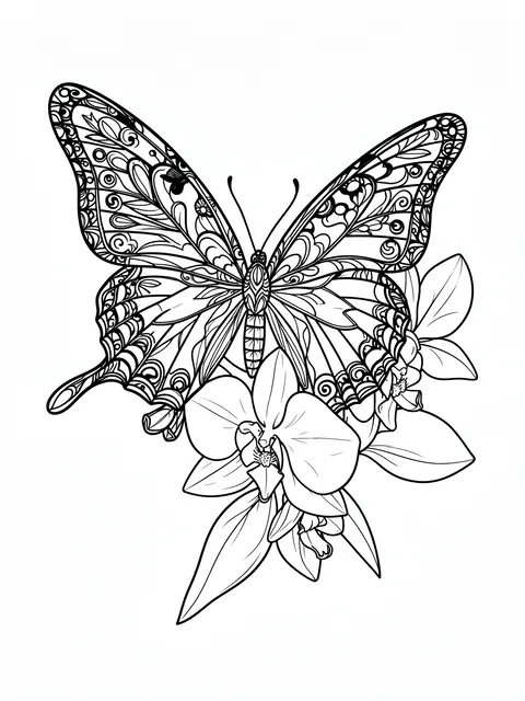 Detailed black and white line art of an ornate butterfly resting on a cluster of orchids