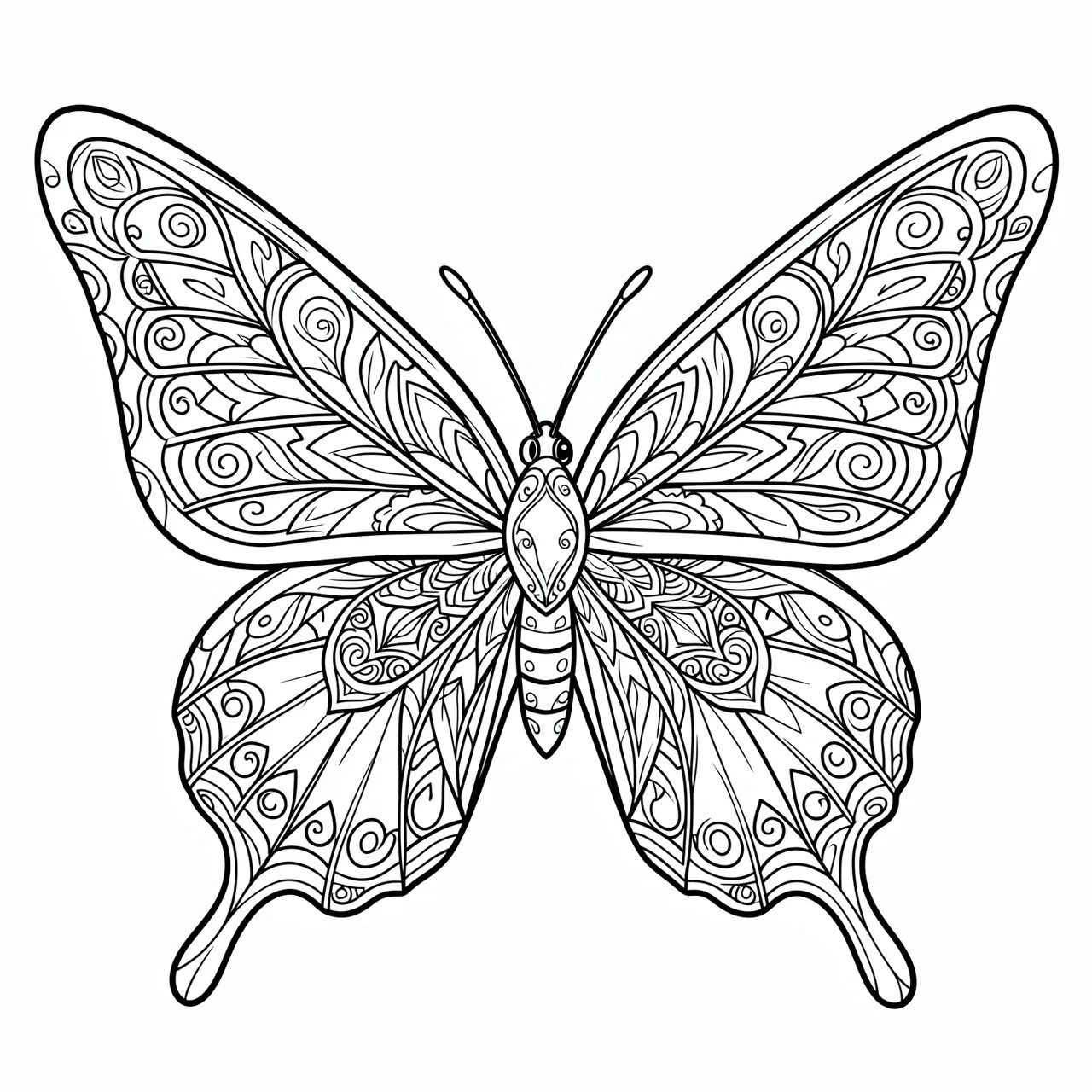 Symmetrical black and white line art mandala butterfly on a plain white background