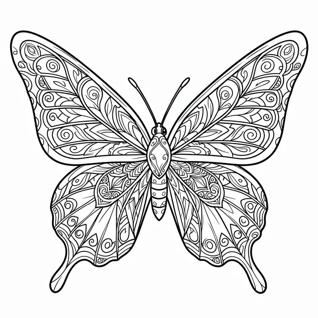 Symmetrical black and white line art mandala butterfly on a plain white background