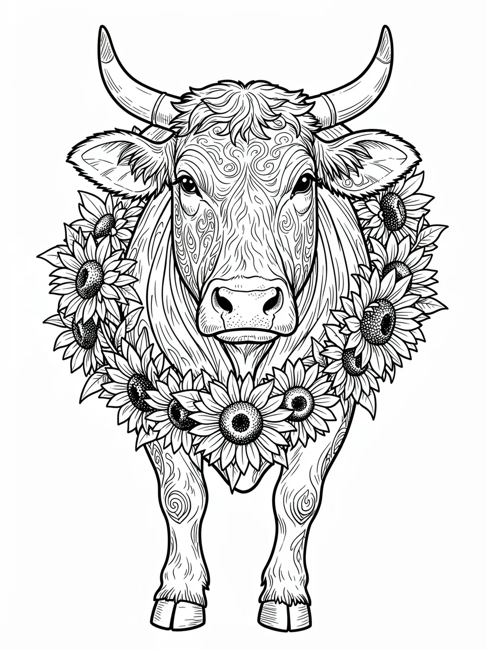 Black and white detailed line art of a horned cow wearing a sunflower garland on a plain white background