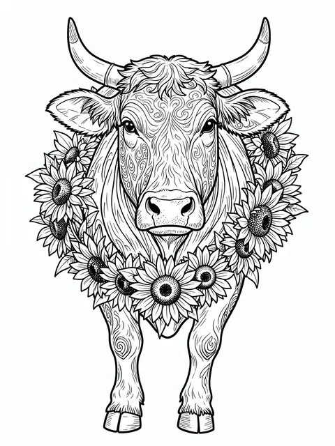 Black and white detailed line art of a horned cow wearing a sunflower garland on a plain white background