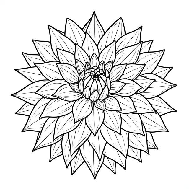 Black and white line art of a detailed layered dahlia flower on a plain white background