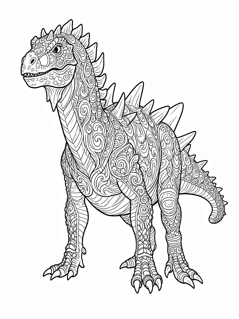 Black and white line art of an ornate patterned spiked dinosaur on a plain white background, designed for coloring