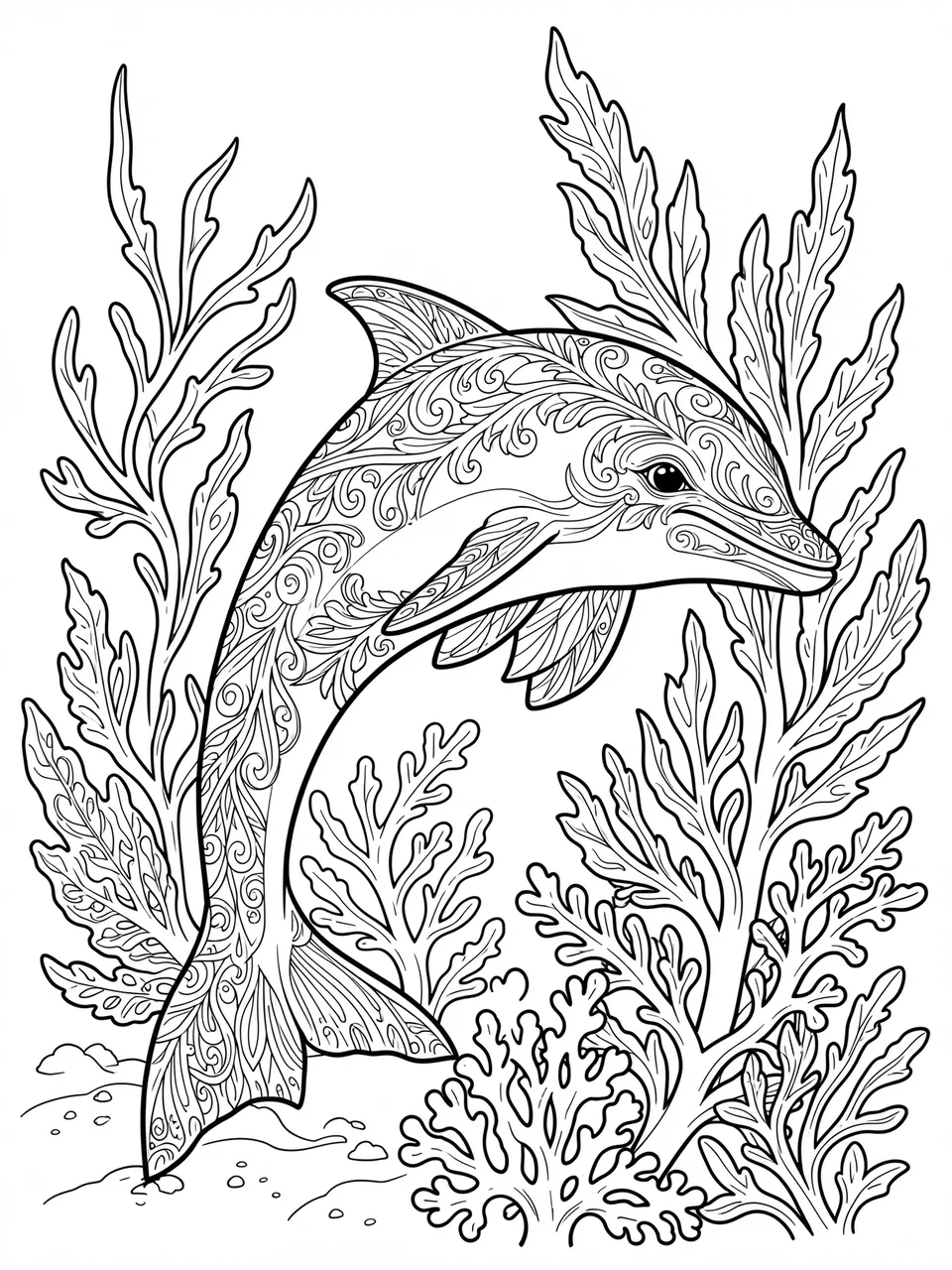Black and white line art of a patterned swimming dolphin surrounded by ornate coral and seaweed on a plain white background