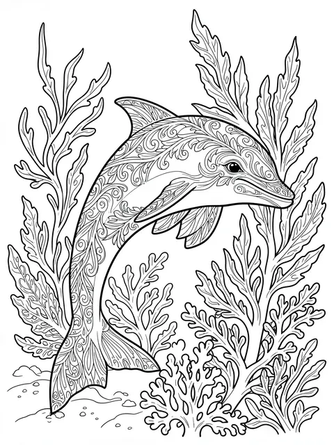 Black and white line art of a patterned swimming dolphin surrounded by ornate coral and seaweed on a plain white background