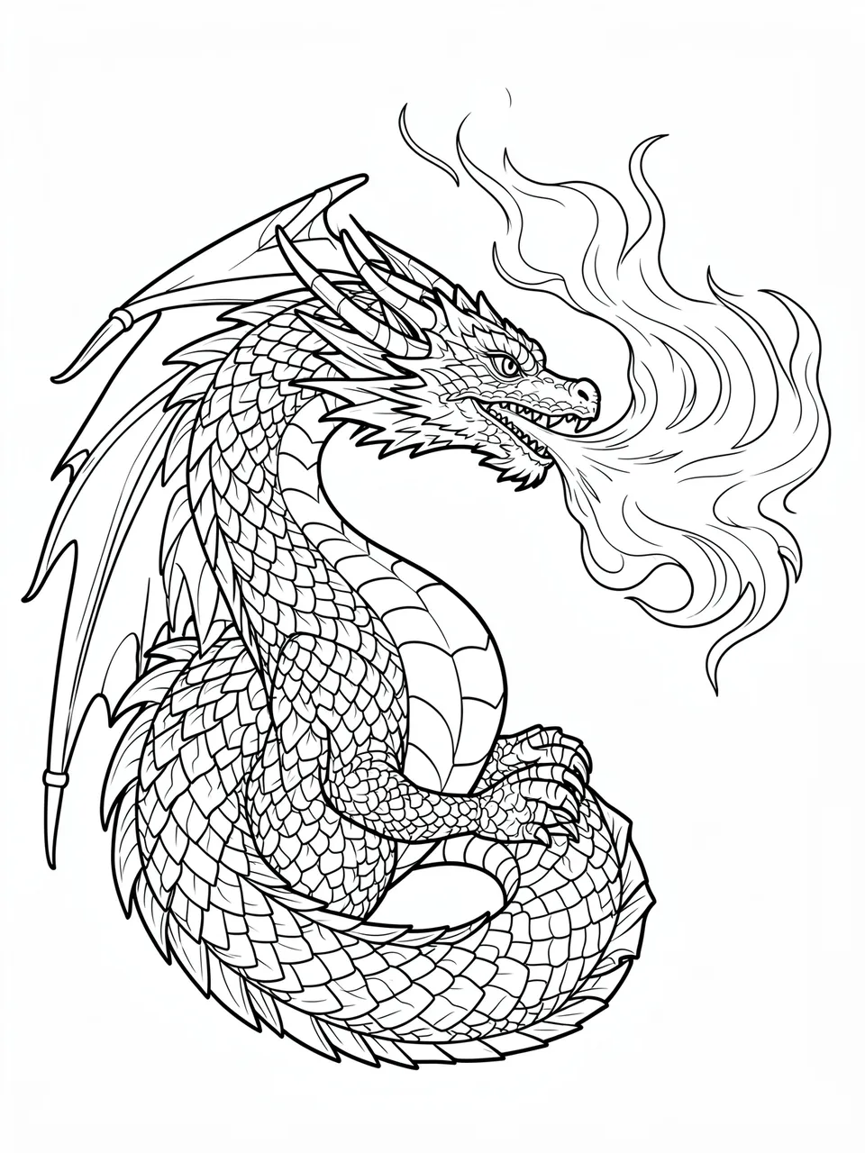 Black and white line art of a detailed dragon breathing swirling flame on a plain white background