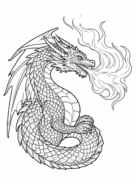 Black and white line art of a detailed dragon breathing swirling flame on a plain white background