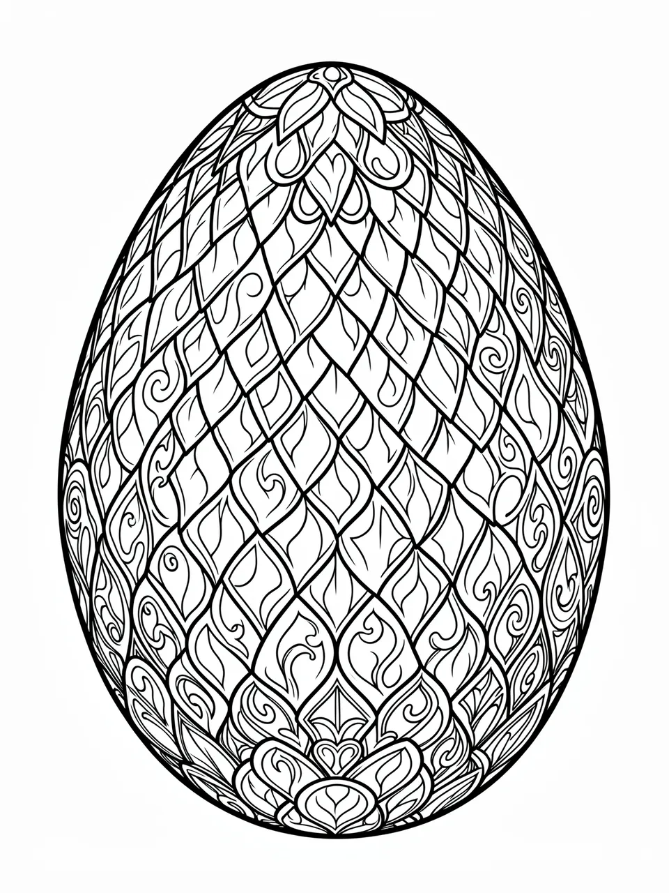 Black and white line art of an ornate patterned dragon egg on a plain white background