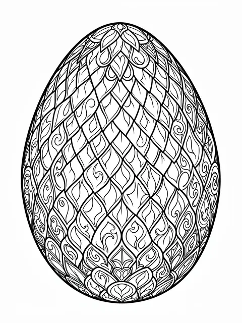 Black and white line art of an ornate patterned dragon egg on a plain white background