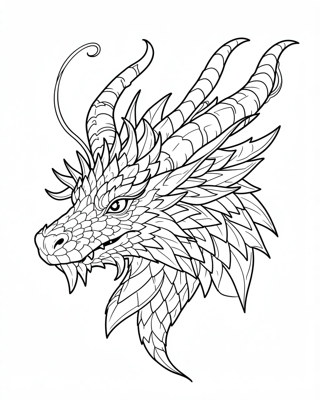 Black and white detailed line art of an ornate dragon head with curling horns on a plain white background