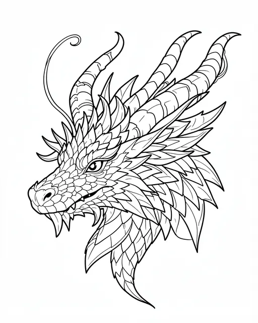 Black and white detailed line art of an ornate dragon head with curling horns on a plain white background