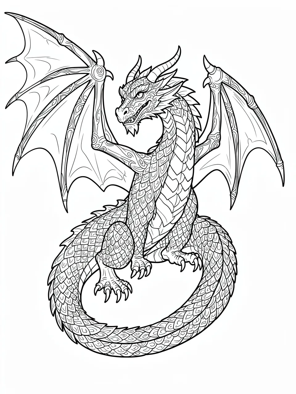 Black and white detailed line art of an ornate spread-winged dragon on a plain white background