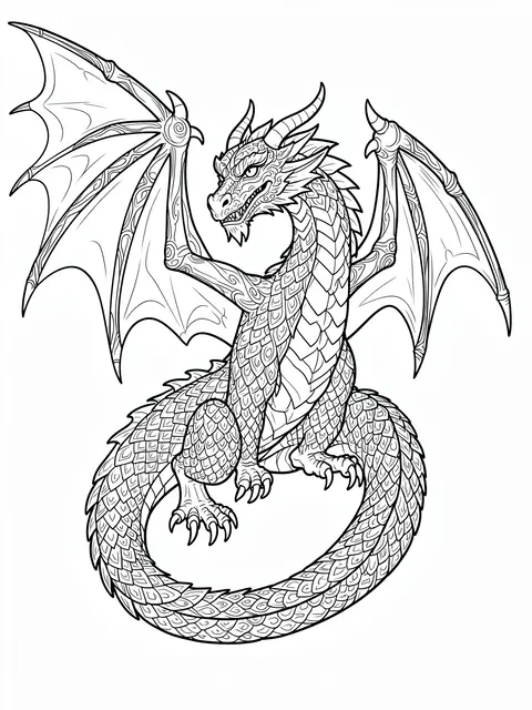 Black and white detailed line art of an ornate spread-winged dragon on a plain white background