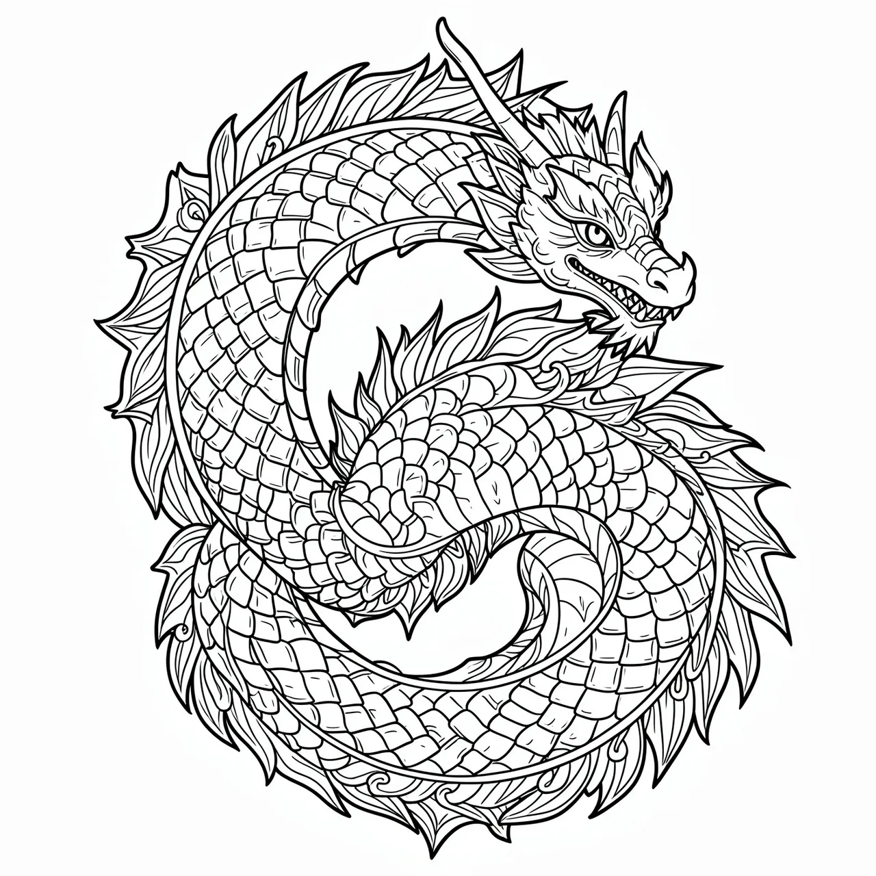 Black and white line art of a coiled detailed dragon mandala on a plain white background