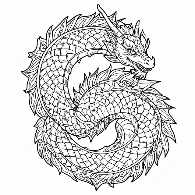 Black and white line art of a coiled detailed dragon mandala on a plain white background