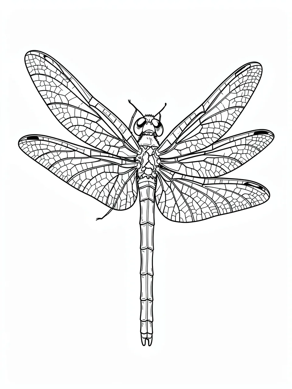 Black and white detailed line art illustration of a dragonfly with lacy veined wings on a plain white background