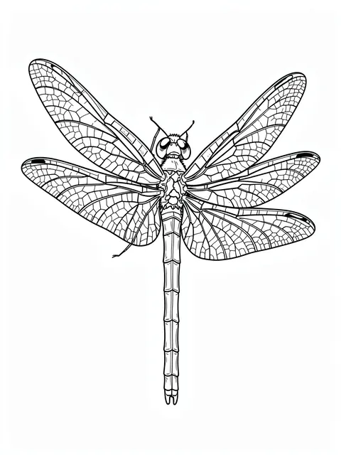 Black and white detailed line art illustration of a dragonfly with lacy veined wings on a plain white background
