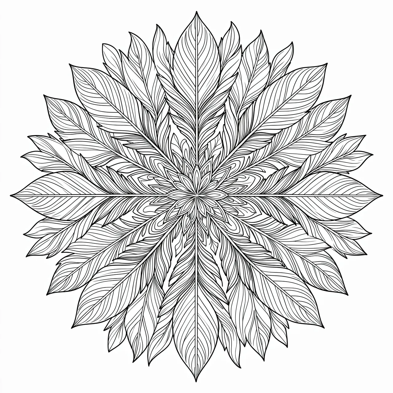 Symmetrical black line art feather mandala coloring page on a plain white background