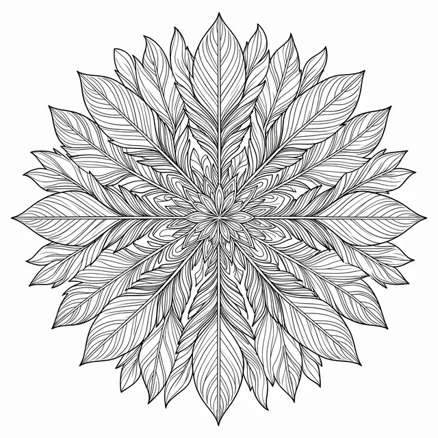 Symmetrical black line art feather mandala coloring page on a plain white background