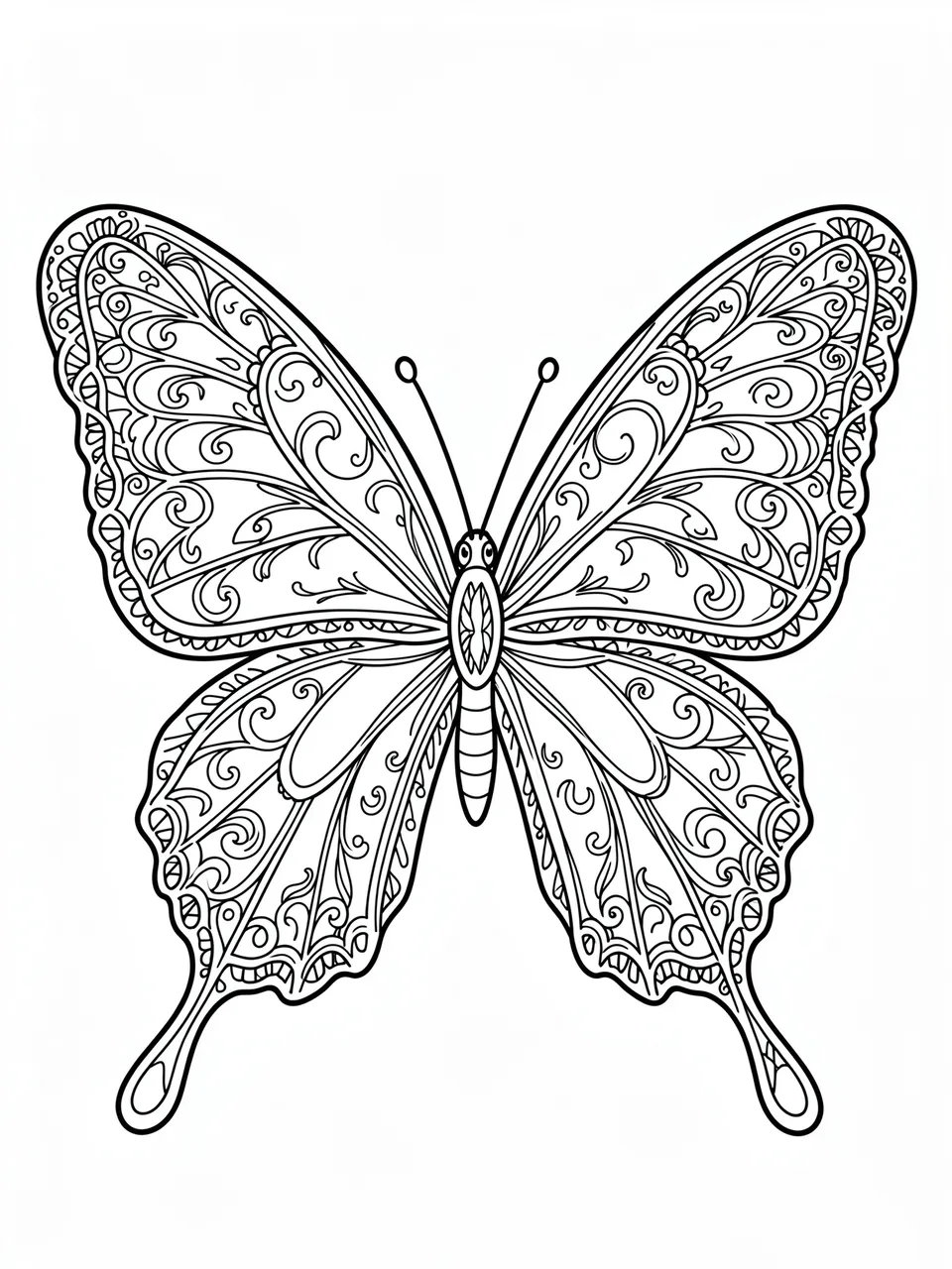 Black and white line art of an intricate butterfly with filigree lace wing details on a plain white background