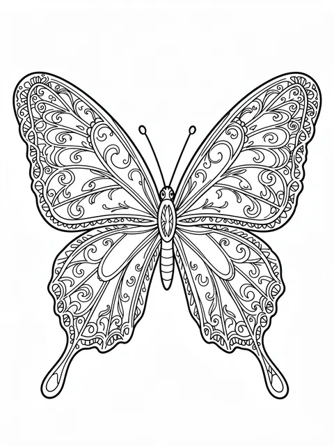 Black and white line art of an intricate butterfly with filigree lace wing details on a plain white background
