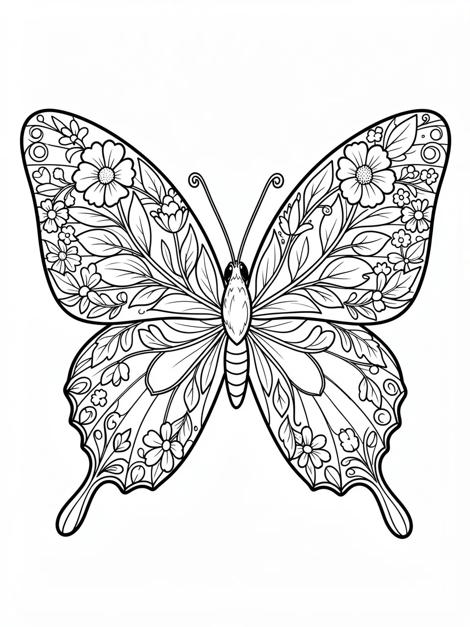 Black and white line art of a butterfly with floral and leaf detailed wings on a plain white background