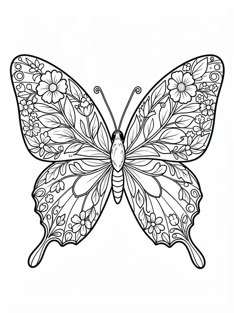 Black and white line art of a butterfly with floral and leaf detailed wings on a plain white background